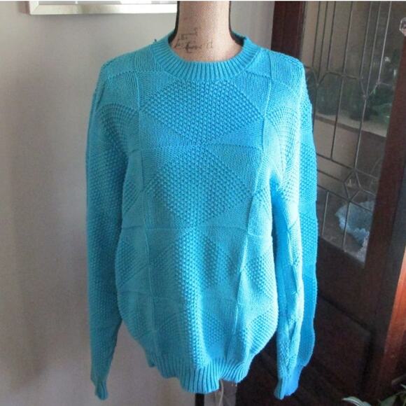 Vintage Finalist Knit Sweater Size L Turquoise Pointelle Chunky Boxy Crewneck - Picture 1 of 17